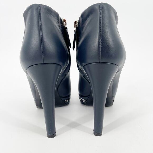 Chanel EU 38 Navy Leather Ankle Boots Patent Cap Toe Chain Platform Booties - Picture 10 of 14